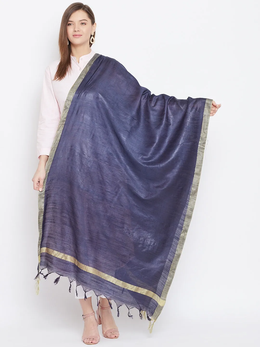 Women Navy Blue Solid Cotton Tussar Dupatta