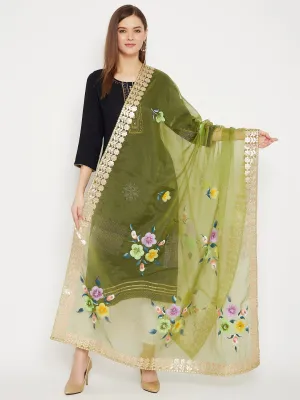 Women Olive Printed Organza Dupatta