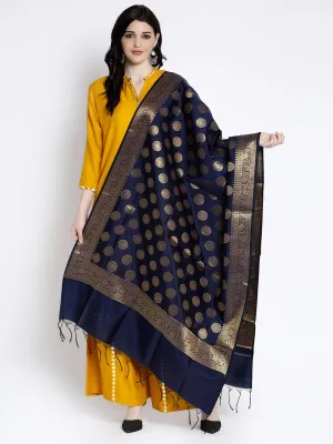 Women'S Navy Blue & Gold Banarsi Silk Dupatta