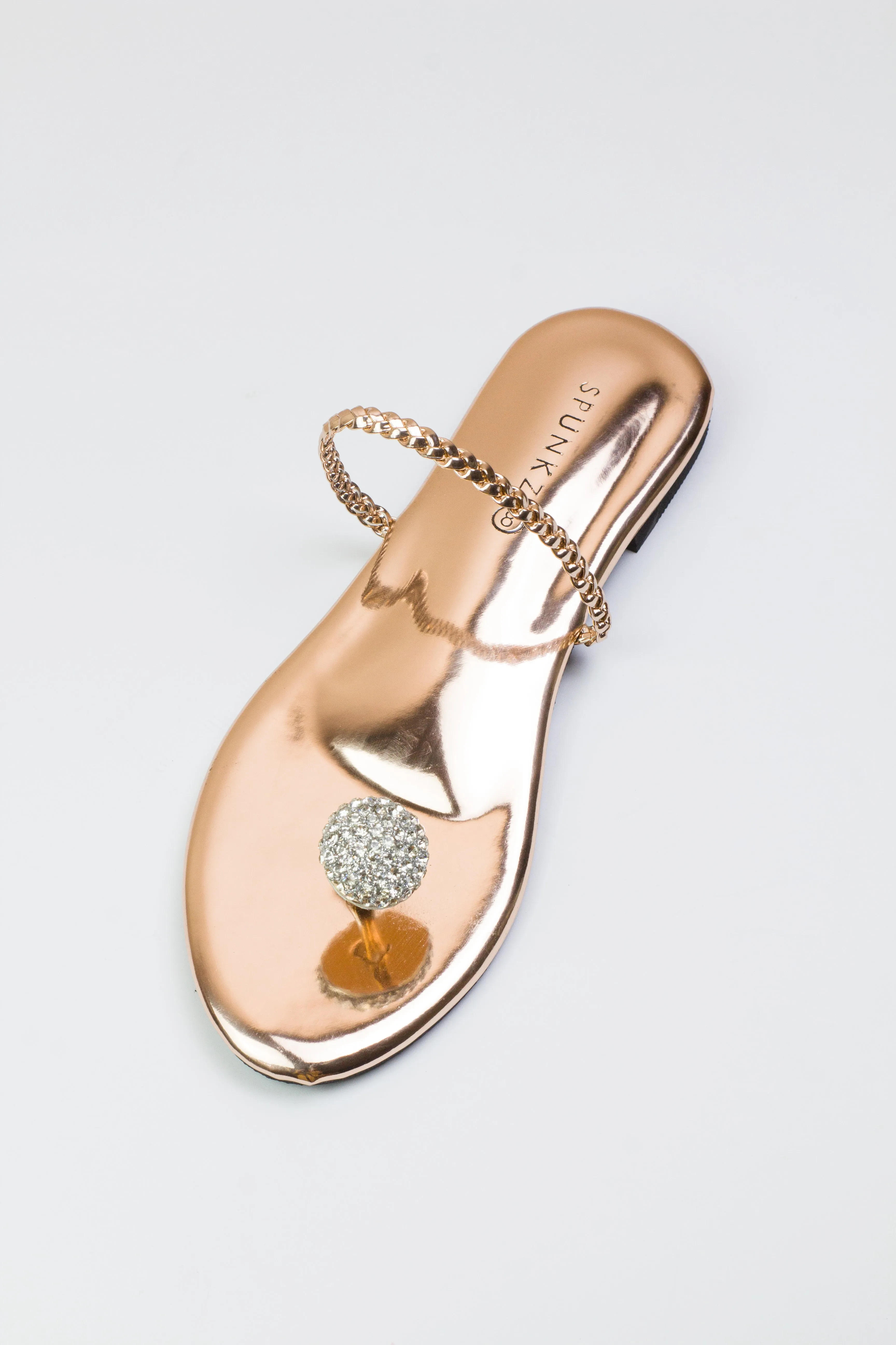 Zinia Rose Gold Metallic Rhinestone Decor Braided Thong Flats